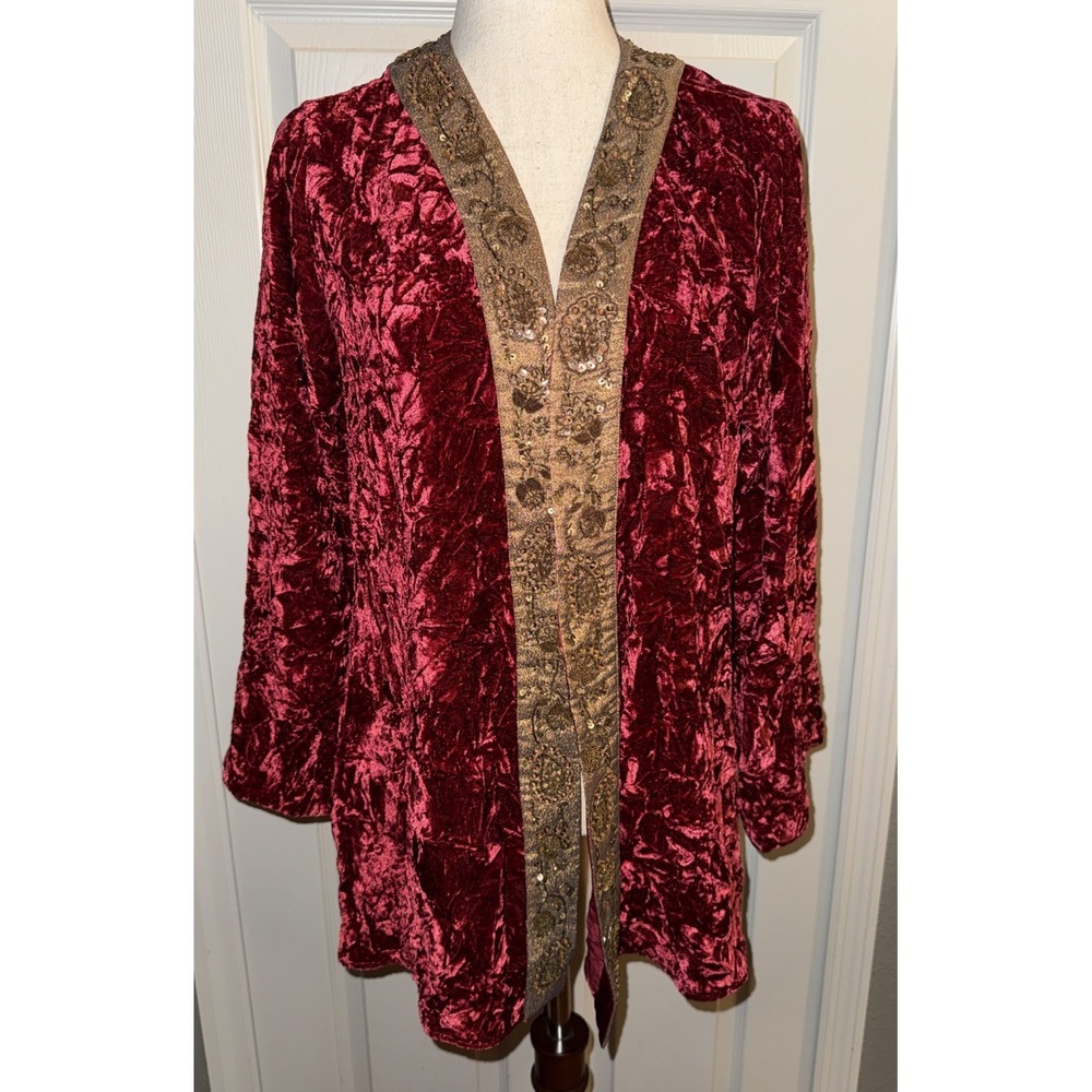 Soft Surroundings Red Crushed Velvet Floral‎ Gold Sequined Jacket Womens L New